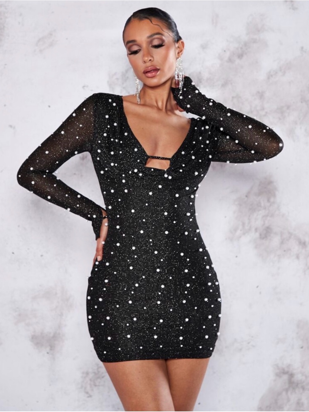 SHEIN Black Pearl-Studded Long Sleeve Mini Dress